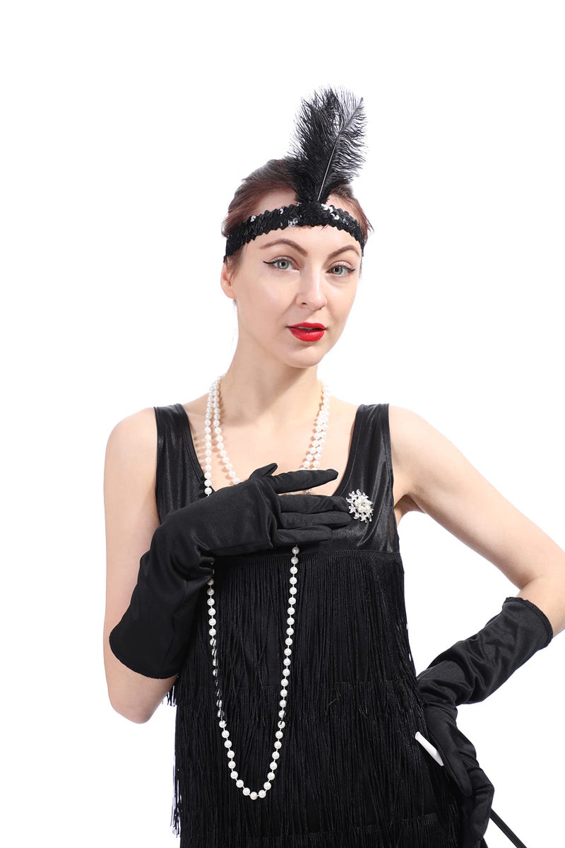 Leadtex Women's 1920s Fringed Flapper Costume,Gangster Lady Costume,Great Gatsby Dresses with Feather Headband,Beaded Necklace Black 4-6 - Image 2